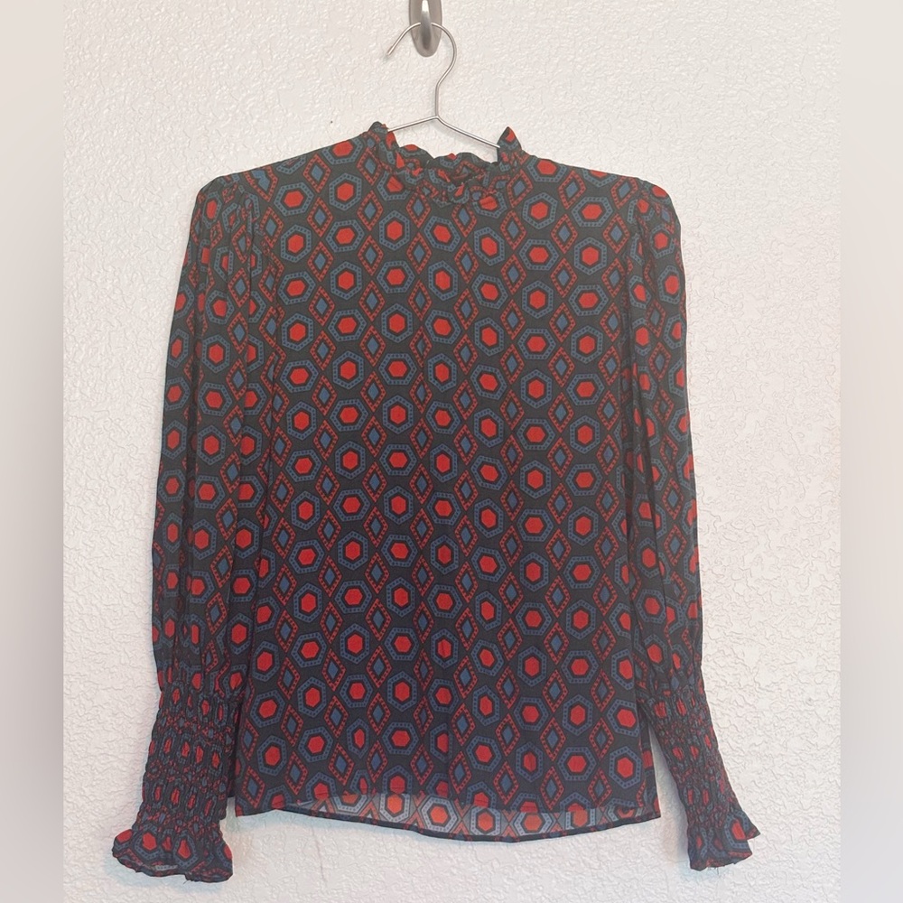 Zara Ruffled Long Sleeve Blouse in Red and Blue - Women Size Small